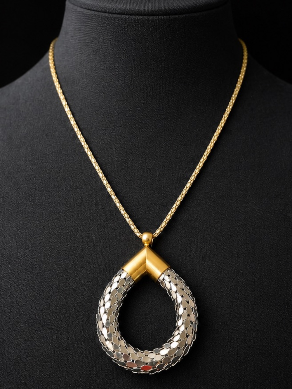 Vintage Two Tone Articulated Pendant Necklace Gold Silver Snake Mesh Choker